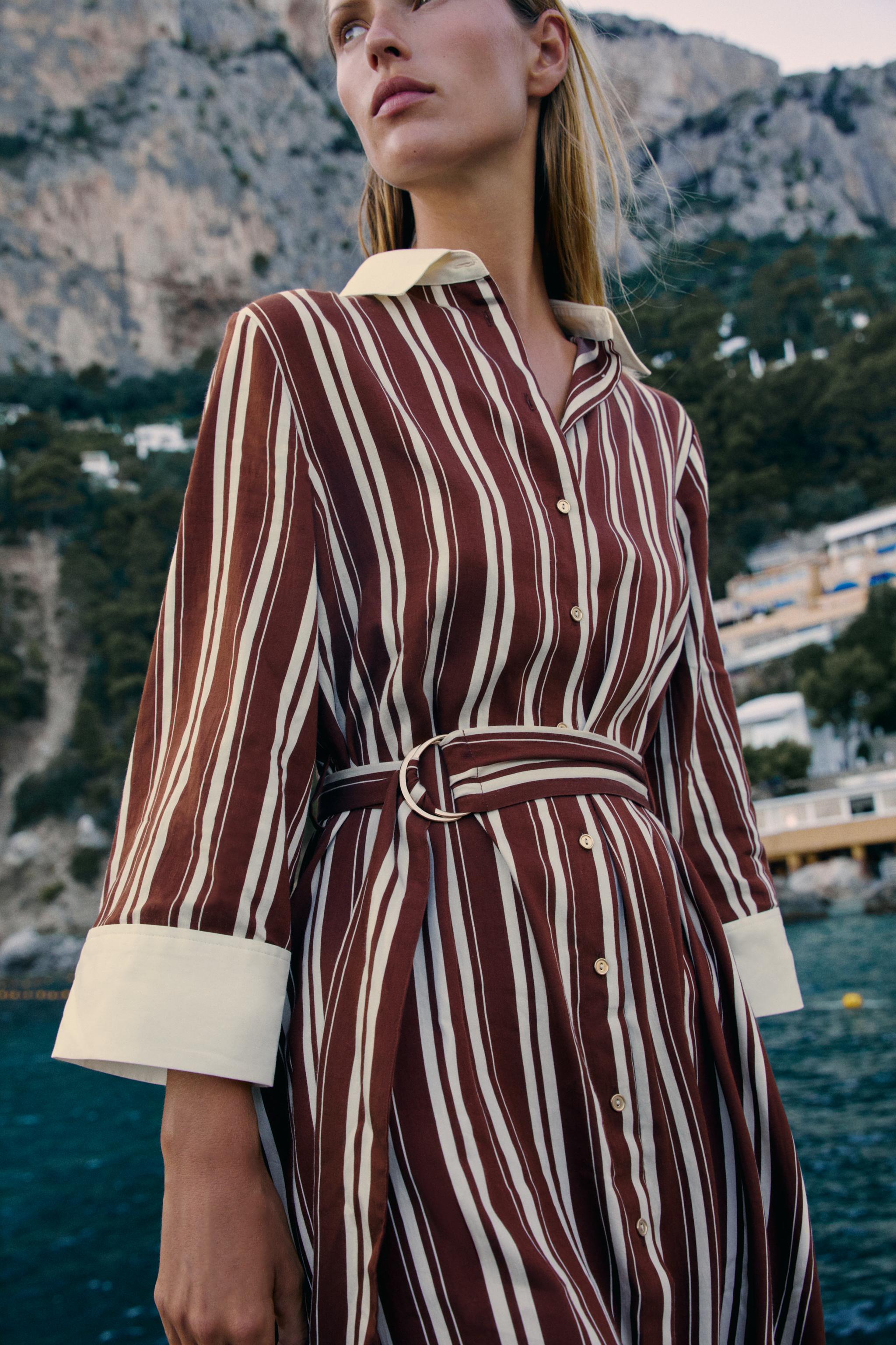 STRIPED BELTED MIDI SHIRT DRESS
